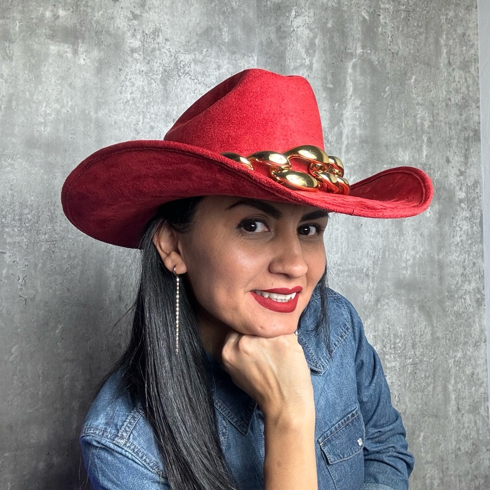 Red Cowboy cowgirl suede hat with gold chain